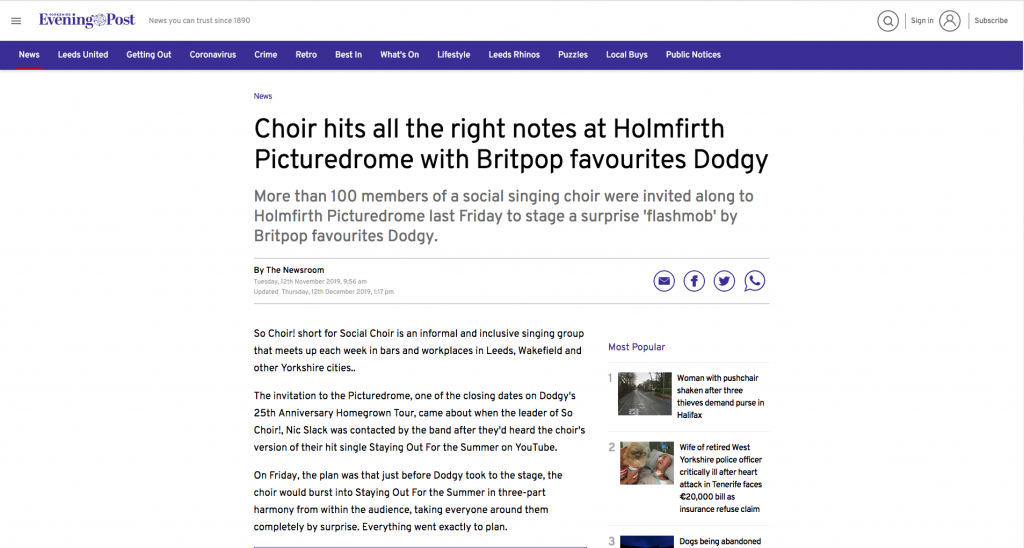 Click on the photo to open a Yorkshire Evening Post article about So Choir! surprising the audience at a Dodgy Gig